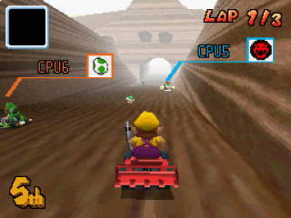 Hier zie je Choco Mountain, één van de 32 banen in Mario Kart DS.